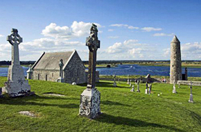 Cruising the Shannon River past the Clonmacnoise ruins